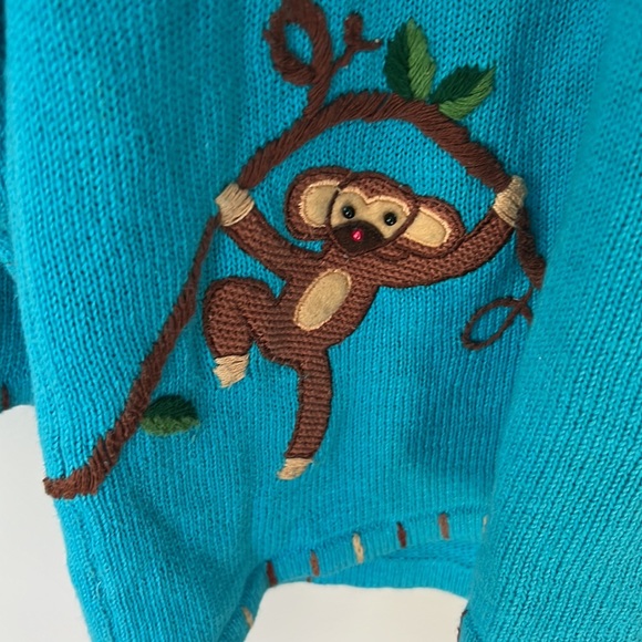 Quacker Factory embroidered turquoise monkey cardigan - size Large - Picture 9 of 10